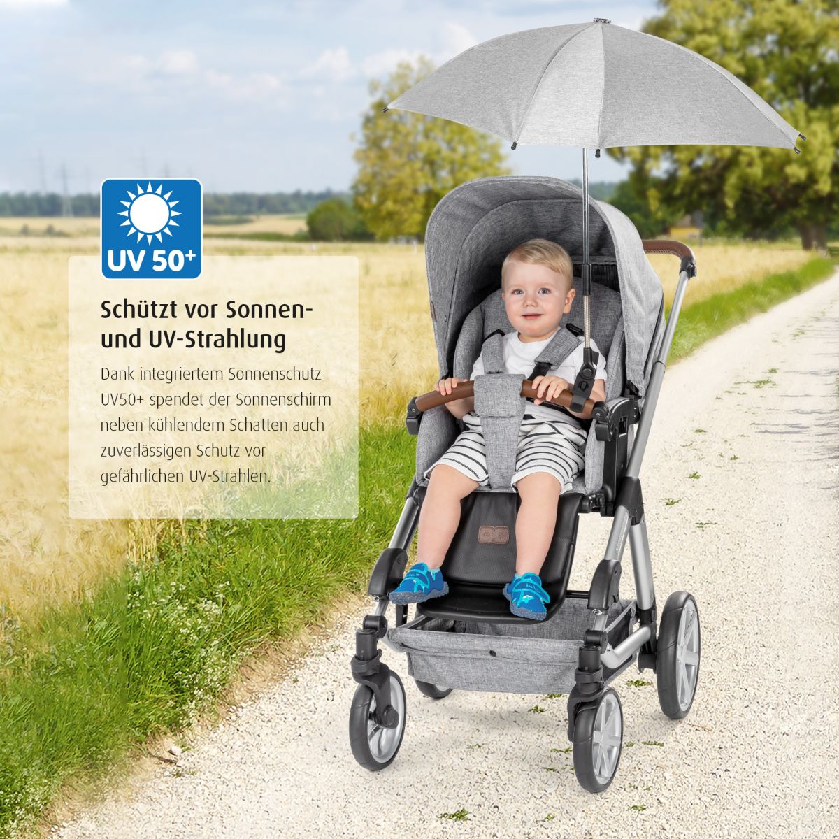 ShineSafe+ Kinderwagen-Sonnenschirm, grau-melange